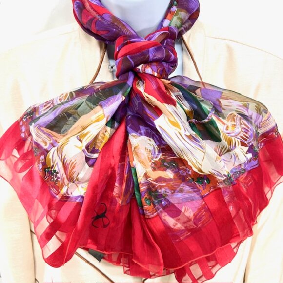 Elegance S.A PARIS   (EE) SCARF 100% SILK  Chiffon Satin  44"x44' Red Floral(32) - Picture 10 of 16